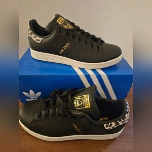 Adidas Stan Smith Black Sneakers with Leopard and Gold Accents
